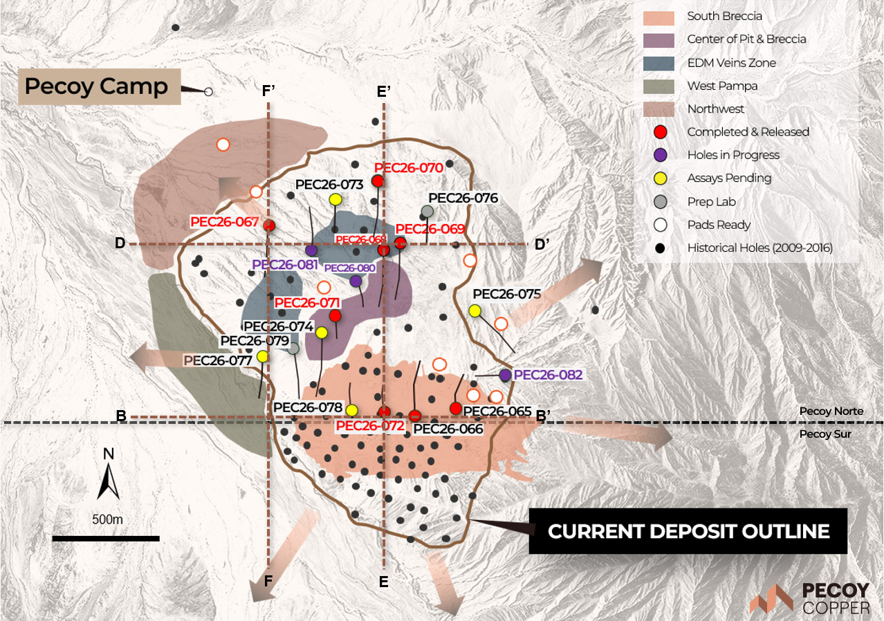 Plan view of the Pecoy Project showing the current deposit outline, principal mineralized zones, and current drill hole locations